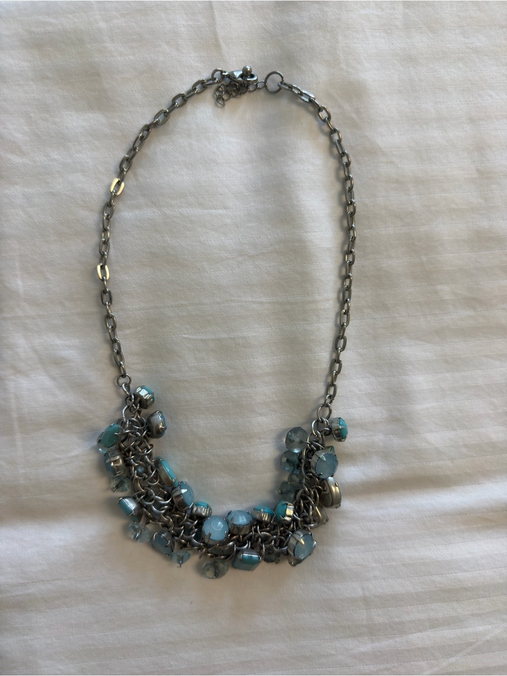 Silver Chain Necklace with Aqua Bead Cluster